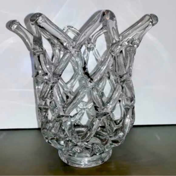 Vintage Italian Woven Lattice Hand Blown Glass Vase Heavy Base & Polished Pontil